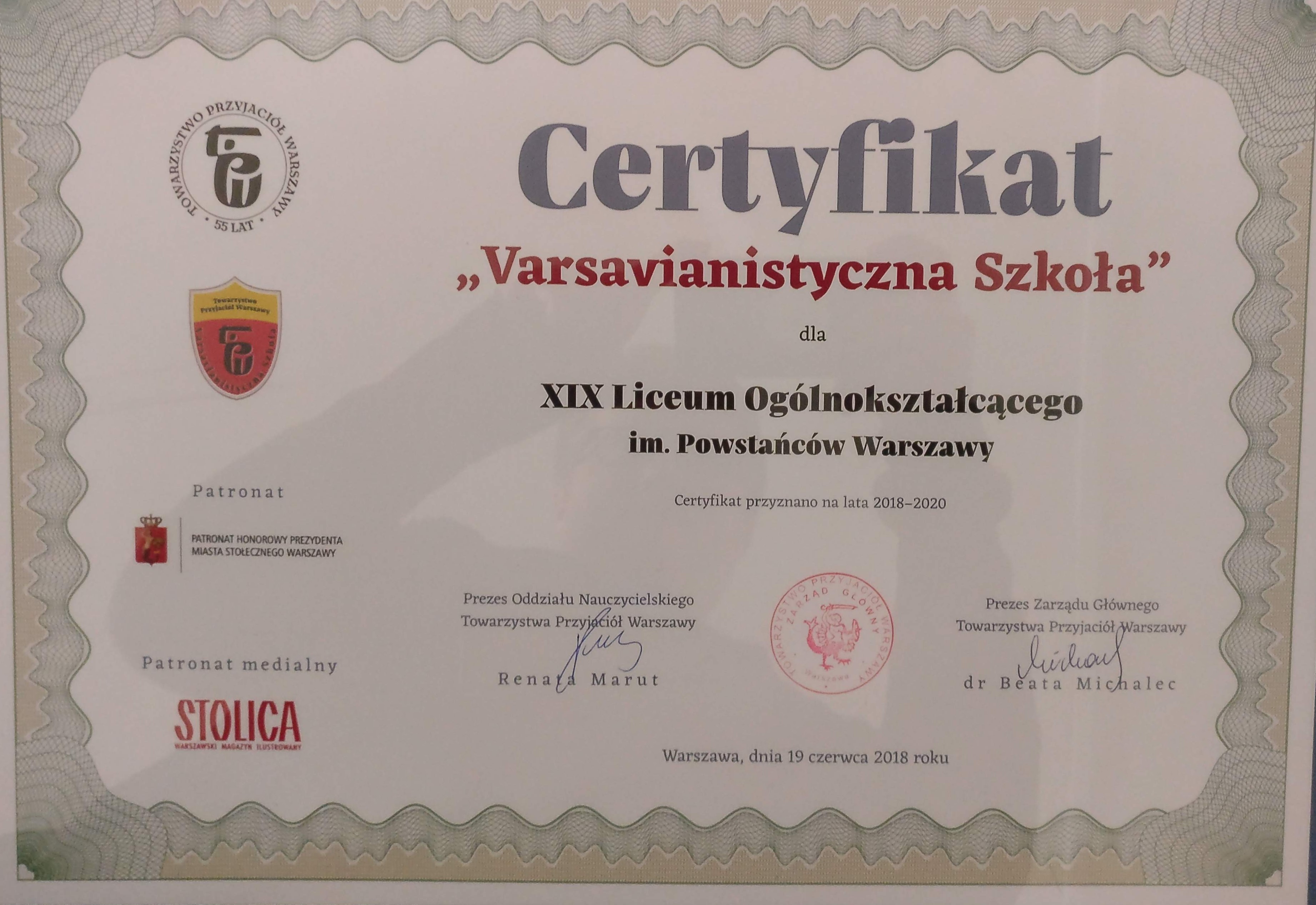 2018 19 certyfikat varsavianistyczny