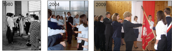 Zdjęcia uczniów składających ślubowanie na Sztandar w latach 1980, 2004 oraz 2009