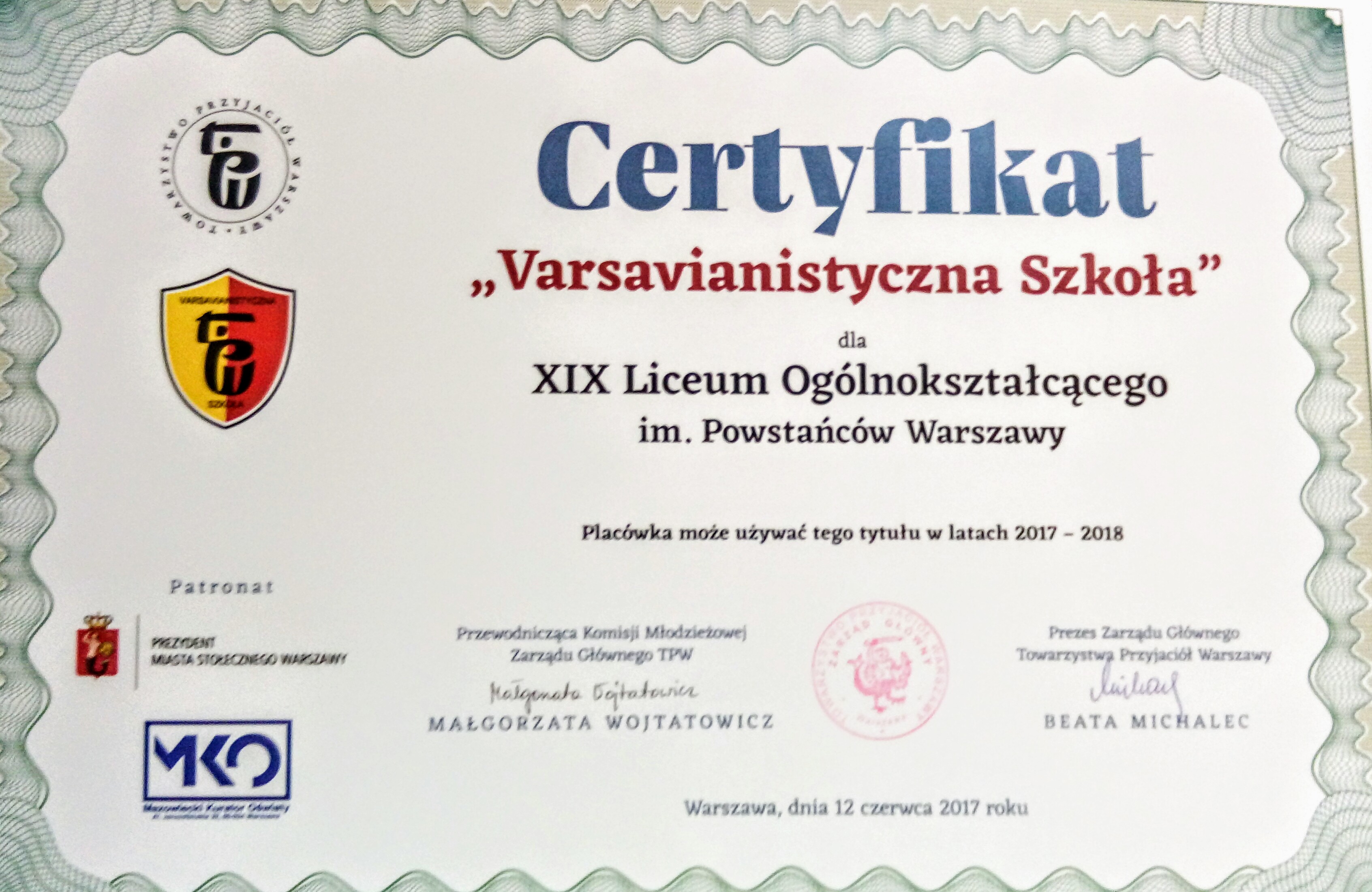 certyfikat varsavianistyczny
