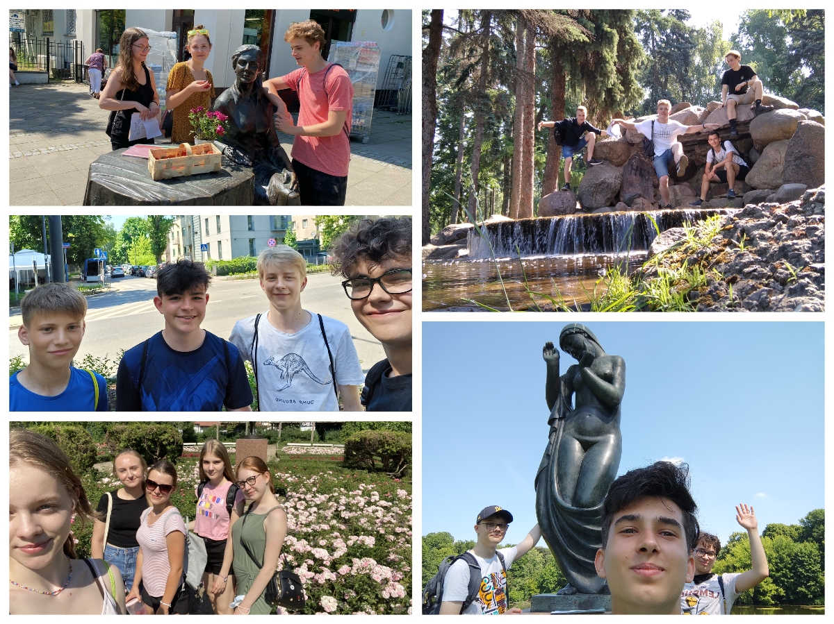 zdjęcia przedstawiają uczniów podczas zwiedzania różnych miejsc na Pradze - Południe