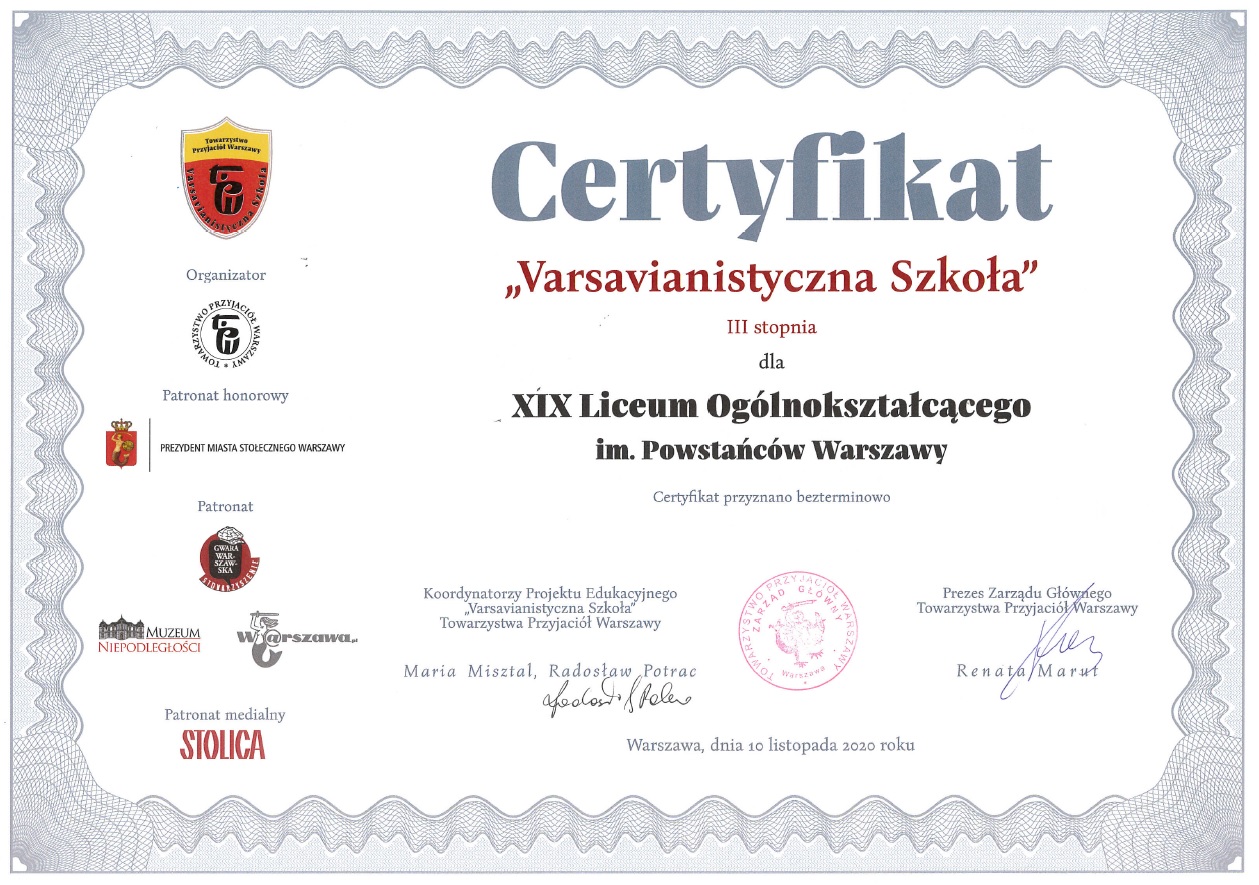 certyfikat szkoły varsawianistycznej