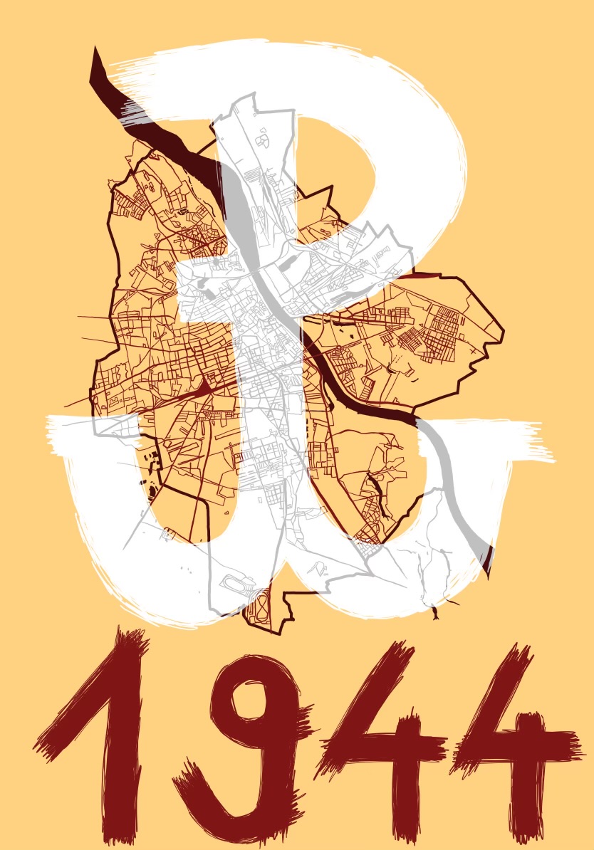 projekt muralu - mapa topograficzna Warszawy z kotwicą powstańczą i napisem 1944